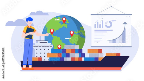 Professional manager overseeing global logistics with a large container ship and world map
