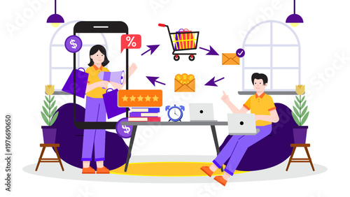 People collaborating on affiliate marketing strategy with shopping cart