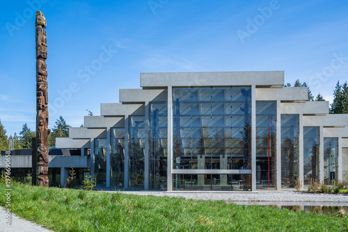 Exterior of Museum of Anthropology (MOA) at UBC with Totem Poles