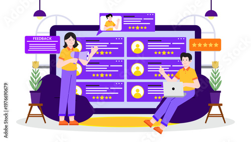 Professionals analyzing customer feedback and star ratings on screen
