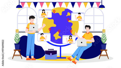 Business professionals engaging in a worldwide networking event via digital screens and globe