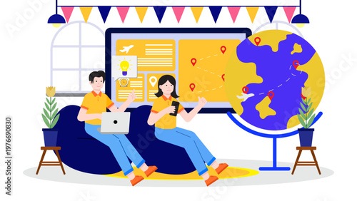 Business professionals planning international travel and managing visa documents with a globe