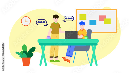 A mentor guiding a new employee during the onboarding process in a modern office