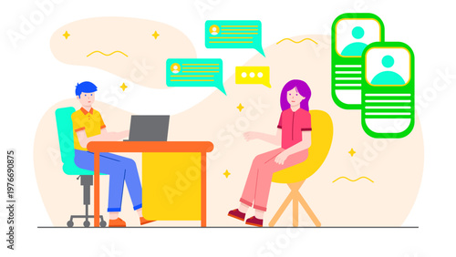 A hiring manager interviewing a female candidate in a modern office setting