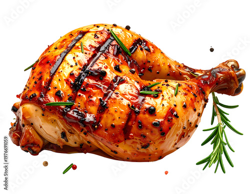 Juicy, grilled chicken leg quarter with herbs and peppercorns