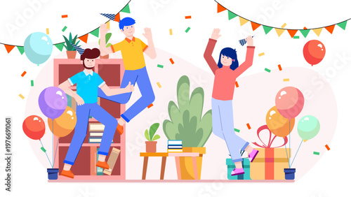 Office party with balloons and confetti to celebrate a milestone