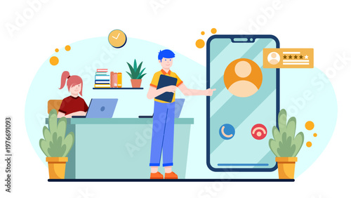 Workspace scene showing corporate employee assistance and support