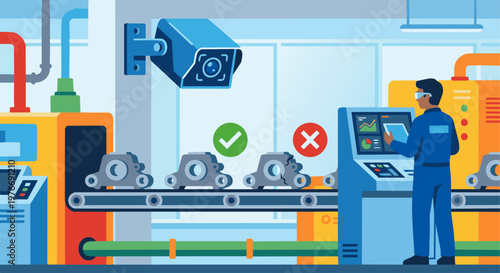 A flat vector illustration focused on a factory conveyor belt moving identical mechanical parts. A camera sensor is mounted above the belt, and a Computer Vision Engineer 