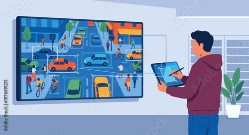 A flat vector illustration of a Computer Vision Engineer standing before a large digital screen displaying a busy street scene. On the screen, various elements like cars, pedestrians, 