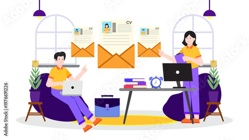 HR professional analyzing multiple CVs and resumes for job opening