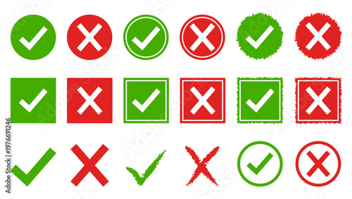 collection of green check marks and red cross circle square icons flat grunge and outlined styles for surveys checklists and interface design correct and wrong choice elements