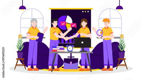 Vector illustration of a diverse multicultural team shaking hands and collaborating in a modern office environment