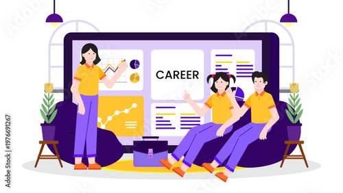 Professional career coaching session illustration with a mentor presenting growth charts and career paths to employees