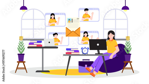 Modern remote hiring process illustration showing digital recruitment through video calls and online resumes