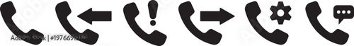 Phone call icons, solid glyph style phone symbols, incoming outgoing call arrows. Ringing phone simple icon set. Smartphone ringing. Phone sign. Telephone call symbol. Cell ringing phone icons