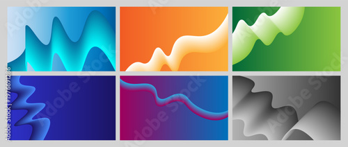 Bundle of horizontal abstract backgrounds with 3D wavy fluid lines and smooth colorful gradients for website banners poster flyers presentation slides and desktop wallpaper designs
