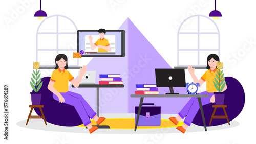 Business people working in a flexible hybrid office environment with remote video connection and physical workspace