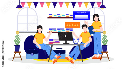 Office manager providing performance feedback to a team member