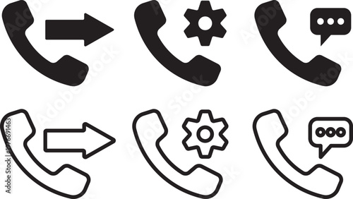 Phone call icons, solid glyph style phone symbols, incoming outgoing call arrows. Ringing phone simple icon set. Smartphone ringing. Phone sign. Telephone call symbol. Cell ringing phone icons