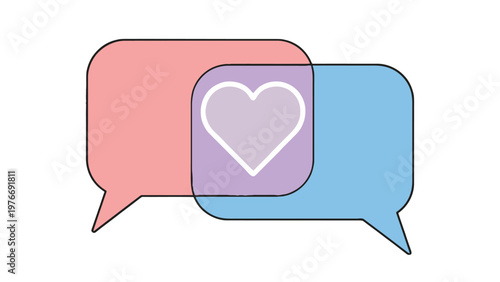 Colorful Overlapping Speech Bubbles with a White Heart Icon Symbolizing Love, Connection, and Romantic Communication in Digital Messaging and Online Relationships