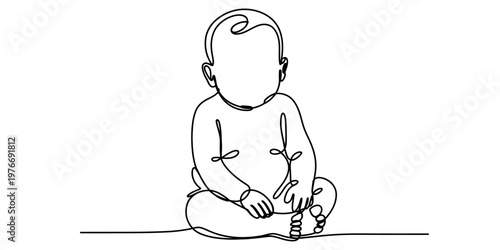 A minimalist single line drawing of a cute baby sitting down on a plain white background surface. Vector, illustration
