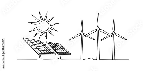A continuous line drawing depicting sustainable energy sources with solar panels and wind turbines Vector, illustration