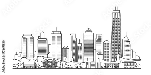 A detailed black and white line art illustration of a modern city skyline with tall buildings Vector, illustration