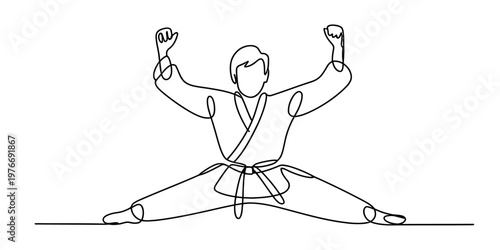 Continuous line drawing of a martial artist doing a split with arms raised in a victorious pose Vector, illustration