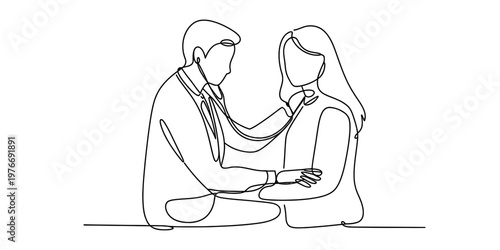 A continuous line drawing depicting a male doctor using a stethoscope to examine a female patient Vector, illustration