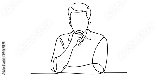 A minimalist single line drawing of a thoughtful man resting his chin on his hand at a table. Vector, illustration