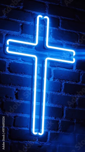 Glowing Blue Cross on Brick Wall at Night