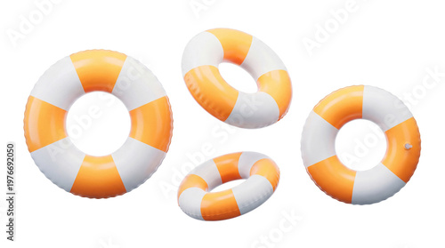 Fotografie Realistic orange and white striped inflatable swimming rings, dynamically arranged for summer fun and water safety