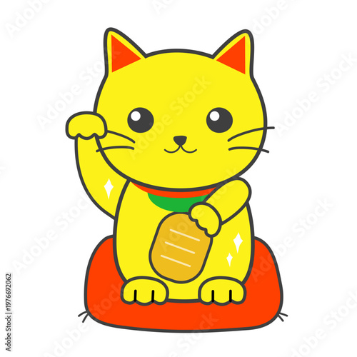 A golden beckoning cat sitting on a cushion(Maneki-neko )