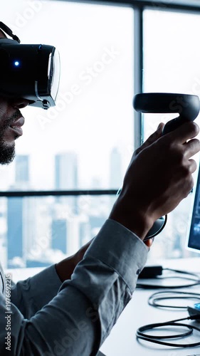 Man wearing VR headset and holding controllers in office with city view