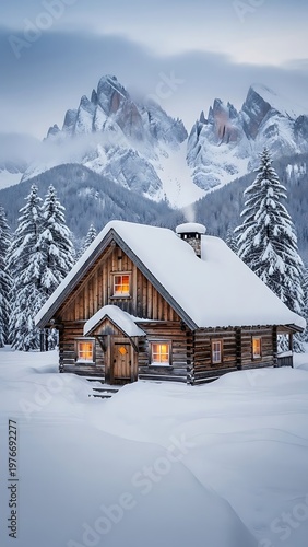 Cozy Log Cabin in Snowy Mountain Landscape.