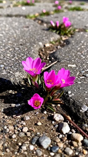 Pink flowers growing through cracked asphalt on sunny day