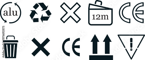 Packaging and product label icons set including recycling symbols. Environmental compliance symbols set. professional vector icons for responsible usage. product disposal, and recycling.
