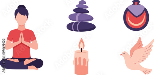 Meditation woman sits in a lotus pose near a balanced stone stack, a burning candle, and a dove to promote inner peace.