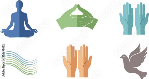 Meditation and mindfulness symbols illustrate human hands, peaceful figures, and a dove to promote spiritual wellness and inner balance.
