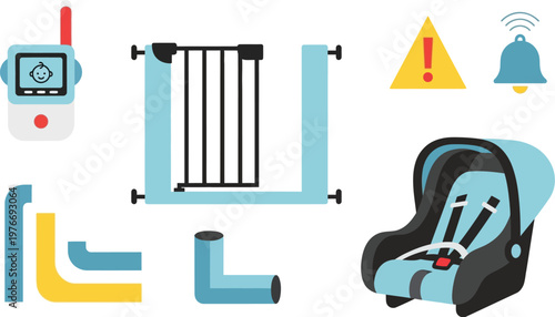 Baby safety equipment collection includes a monitor, gate, and car seat to ensure a secure environment for infants.