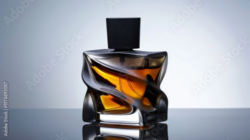 Elegant amber perfume bottle with avant garde twisted glass design and black cap set against a clean minimalist studio background for luxury cosmetic advertising