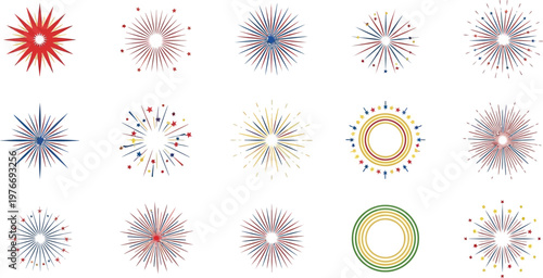 Fireworks display a collection of vibrant radial patterns and festive bursts that symbolize celebration, joy, and the excitement of holiday events.