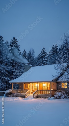 Cozy Log Cabin in Snowy Winter Landscape with Warm Lights.