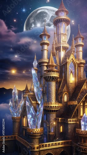 A majestic castle under a full moon in a fantasy landscape