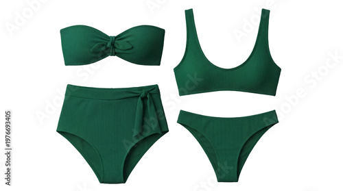 Fotografie Two styles of dark green ribbed bikini swimsuits, including bandeau and scoop neck designs