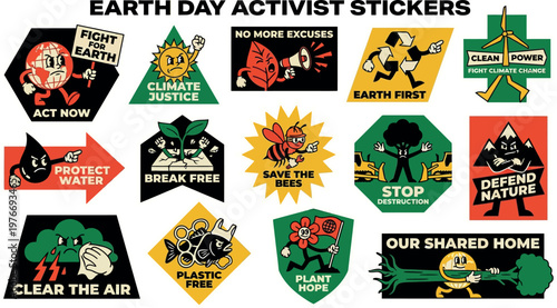 Earth Day activist sticker set promoting climate justice, clean power, water protection, and environmental action for social change campaigns