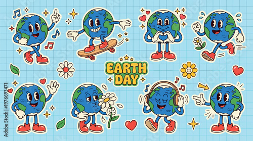 Earth Day celebration sticker set featuring cute anthropomorphic globe mascot characters expressing joy, love, and positivity for environmental awareness