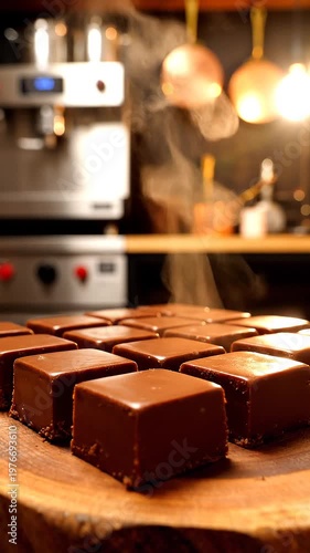 Chocolate truffles on wooden board in cozy cafe