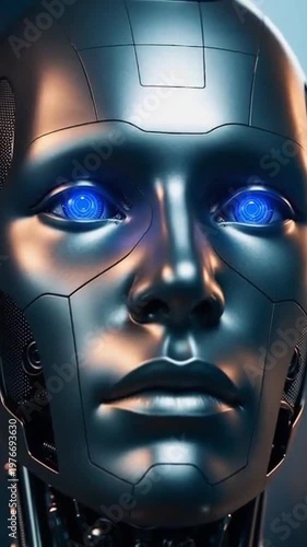 Close-up of a robotic head with blue glowing eyes