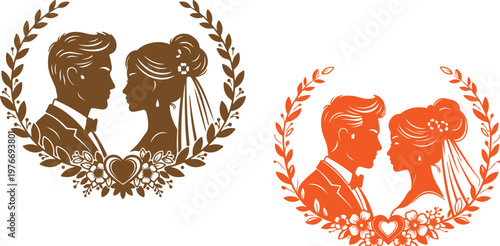 Vintage wedding couple silhouette vector, elegant bride and groom profile in laurel wreath, romantic marriage ceremony emblem with floral heart